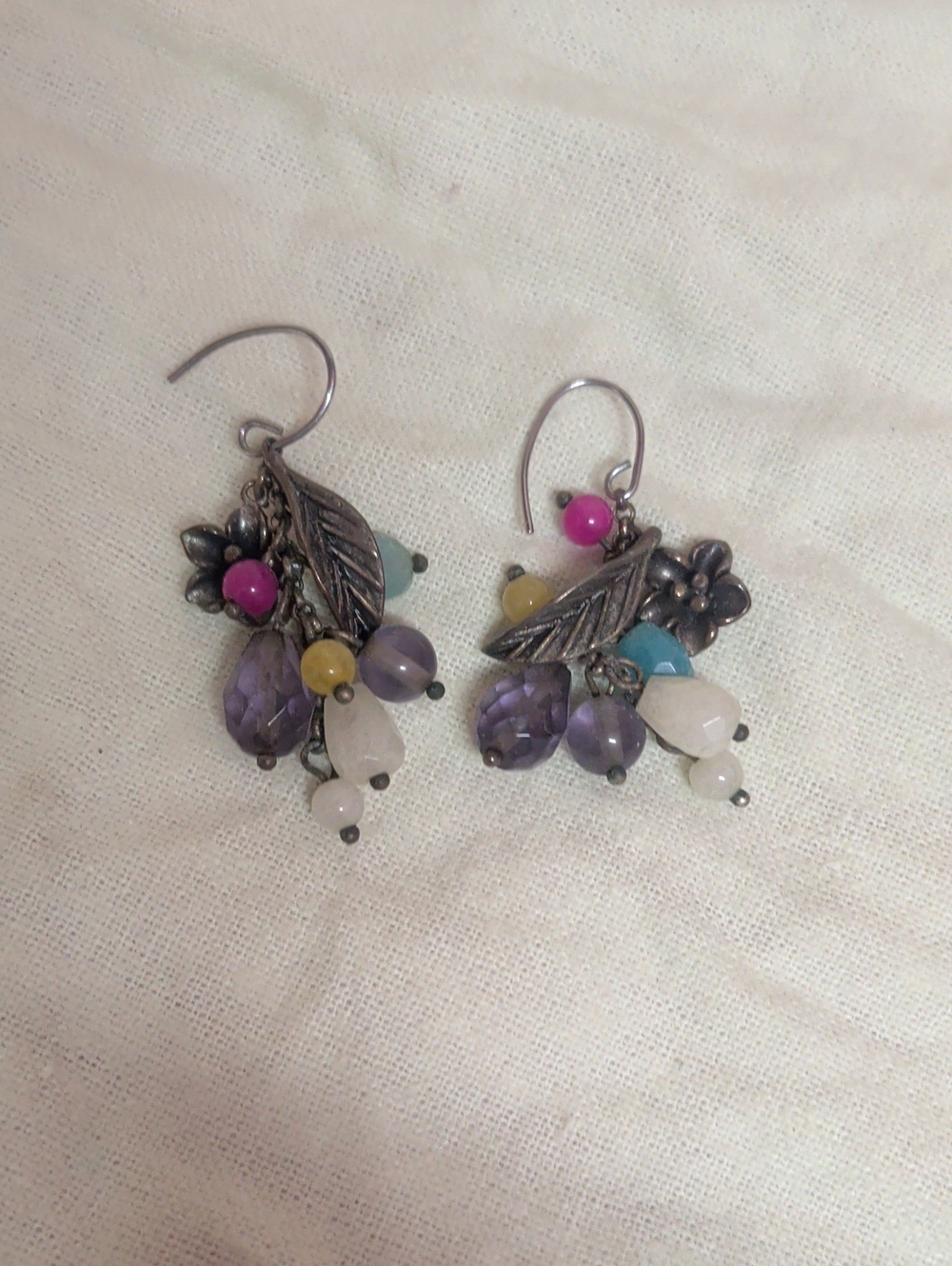 Delicate Silver Gunmetal Multicolor Bead & Leaf Drop Earrings - Women Jewelry